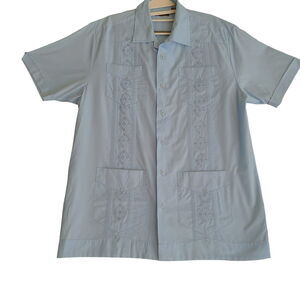Centro Mens Button Up Shirt Light Blue Size Medium Polyester Blend Short Sleeve